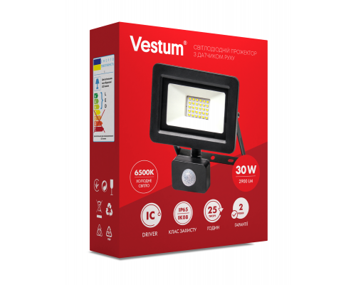Світлодіодний прожектор з датчиком руху Vestum 30W 2 900Лм 6500K 175-250V IP65 1-VS-3011
