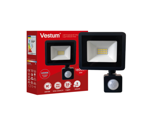 Світлодіодний прожектор з датчиком руху Vestum 20W 1600Лм 6500K 180-260V IP65 1-VS-3020