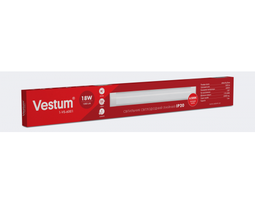 Світлодіодний лінійний світильник Vestum 0,6м 18W 6500K 220V IP20 1-VS-6001