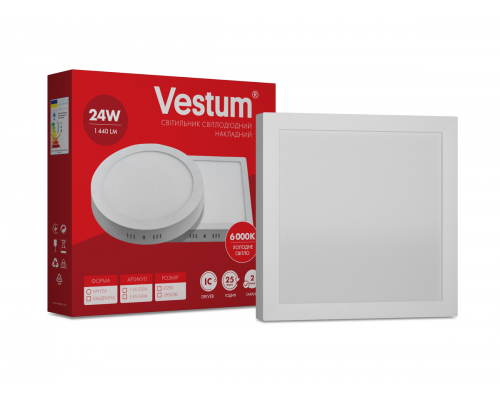 Квадратний світлодіодний накладний світильник Vestum 24W 6000K 220V 1-VS-5404