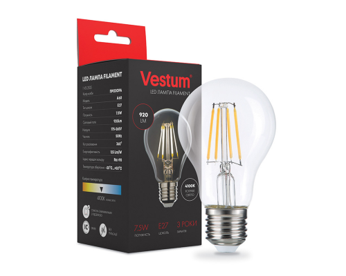 Лампа LED Vestum филамент А60 Е27 7,5Вт 220V 4100К