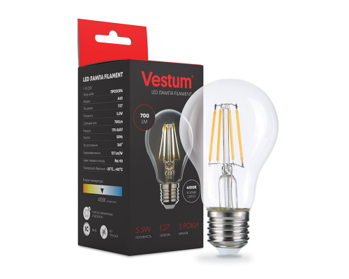 Лампа LED Vestum филамент А60 Е27 5,5Вт 220V 4100К