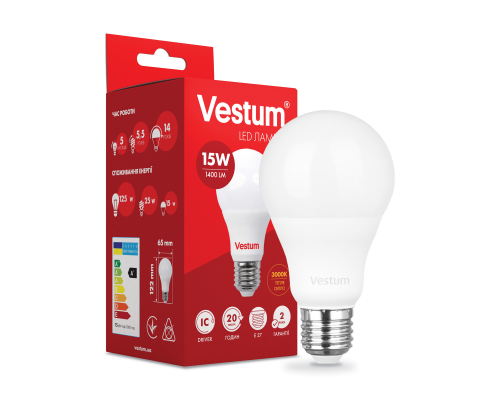 Лампа LED Vestum A65 15W 3000K 220V E27