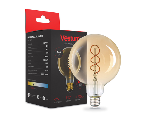 Філаментна лампа Vestum "вінтаж" golden twist G95 Е27 6Вт 220V 2500К 1-VS-2507